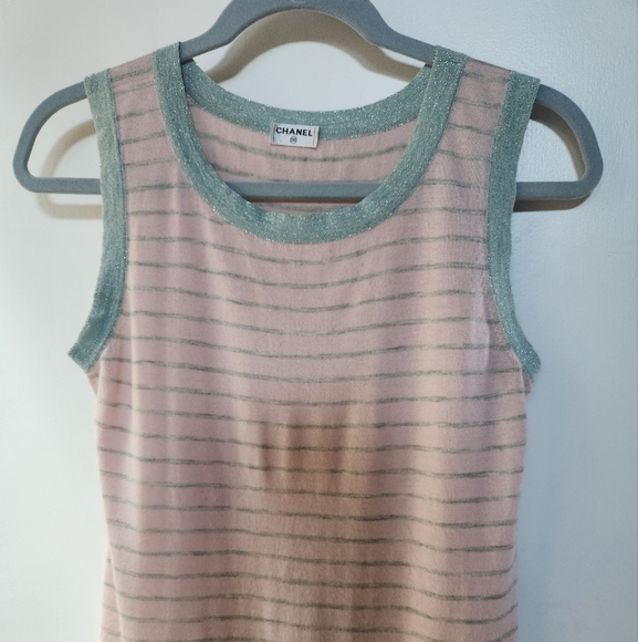 CHANEL Womens Top.  Pink and Light Blue Striped Sleeveless Top. - Picture 5 of 5
